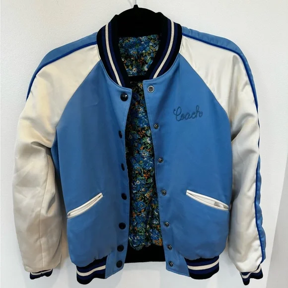 COACH Women's Blue Floral Reversible Bomber Varsity Jacket Size XS.